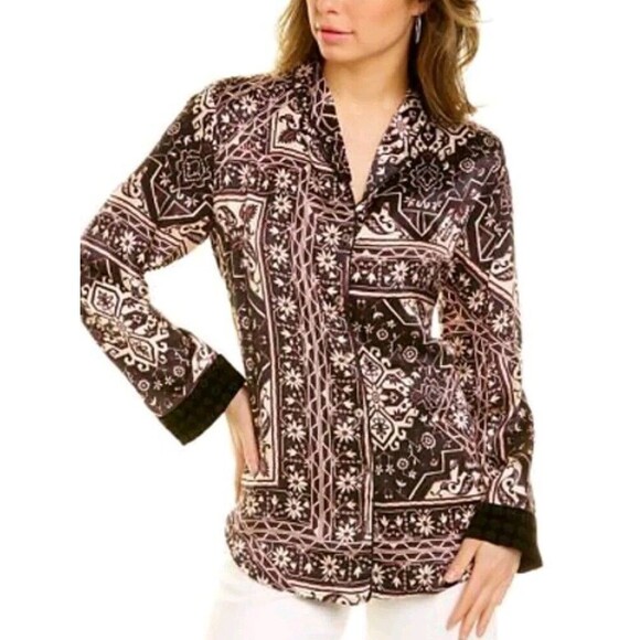 Johnny Was Ophelia Womens Blouse L Silk Print Velvet Mix Pajama Tunic Top $265 - Picture 1 of 4